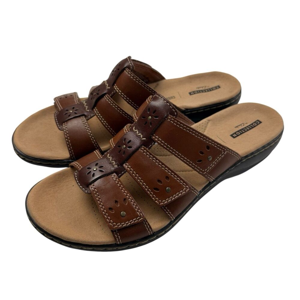 Clarks Leisa Spring Sandals Women 10M Brown Leather Slip On Adjustable Shoes